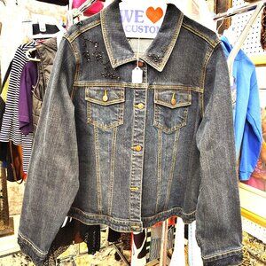 Vintage Black Denim Jacket With Black Beaded Applique Design - Plus Size